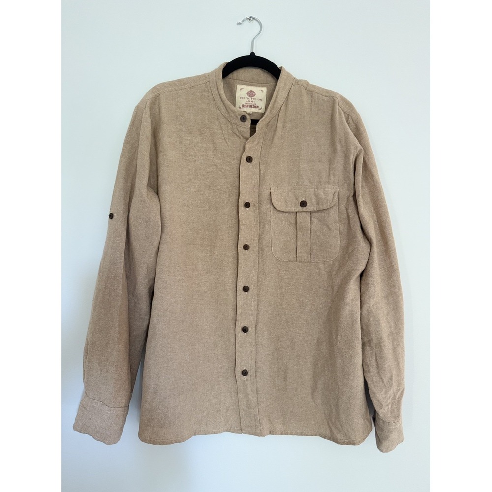Celtic Fusion Irish Design Men's Beige/Tan Cotton Collarless Shirt Sz XXL